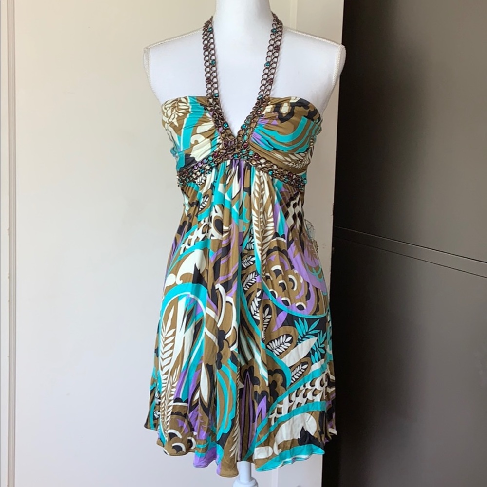 Sky 100% Silk Dress w/ Chain and Rhinestones